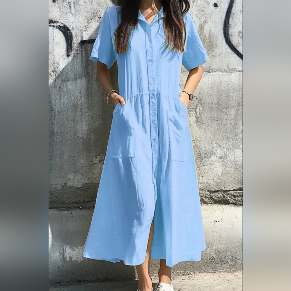 NWT - Linen Texture "An Elegant Woman" Boutique Sky Blue Midi Shirtdress -Size L